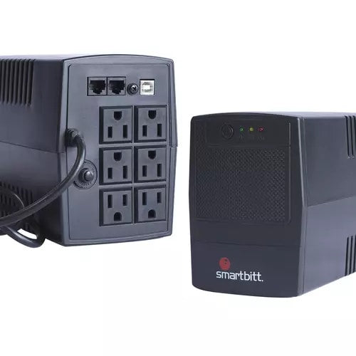 Smartbitt UPS de línea interactiva SBNB1000USB 1000VA/500 Watts, 6 contactos, protección de línea telefónica RJ-1
