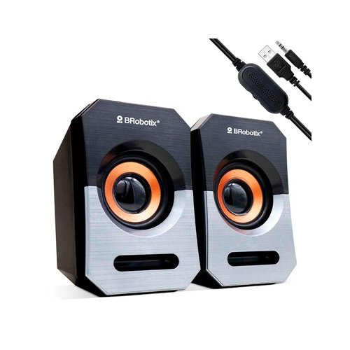 BROBOTIX BOCINAS MULTIMEDIA, USB + 3.5 MM COLOR NEGRO/PLATA - Sistema de altavoces para ordenadores portátiles, alimentación usb y conector audio 3.5 mm portatil