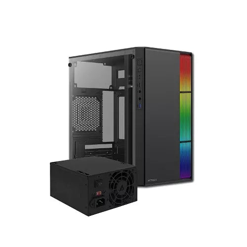 Gabinete Acteck Mini Torre Fusion II GI440 / Max MB M-ATX Fuente ATX 500 W / 1x USB 3.0 + 1x USB 2.0 / Panel Izq Acrílico + Frente Solido con RGB / Advanced Negro